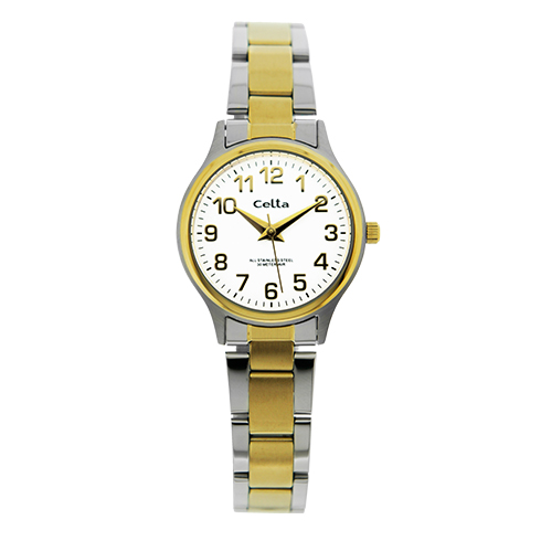 Relogio celta sra.bicolor brac.aÇo mostrador branco e dourado arabe